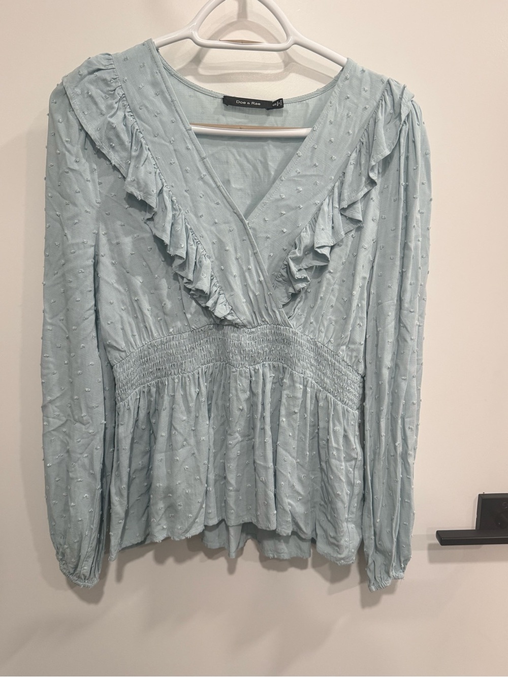 Doe & Rae Light Blue Smocked Ruffle Blouse Long Sleeve S Anthropologie Boho